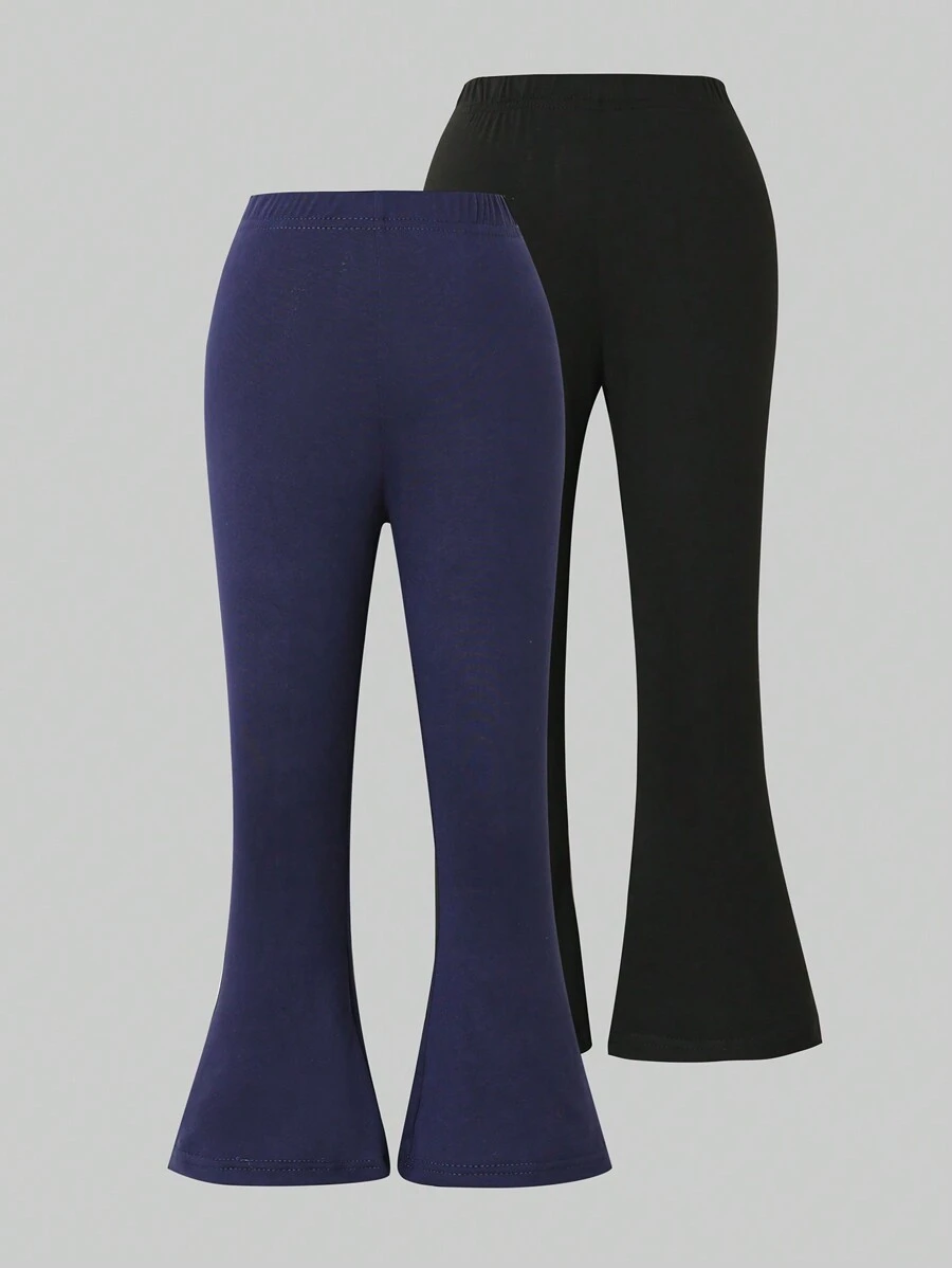 SHEIN 2pcs Girls' Basic Solid Color Flared Leggings, Navy Blue And Black Combination, Long Length - Multicolor - View 1