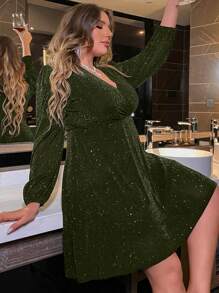 Allurite Plus Size V-Neck Crisscross Wrap Elegant Long Sleeve Dress