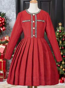 SHEIN Vestido elegante de manga larga con pliegues para niñas preadolescentes, ideal para usar al aire libre y para ir y venir en otoño, primavera e invierno, Vestido rojo