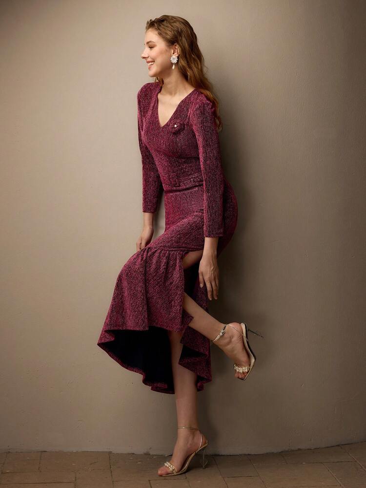 GLITTER V-NECK STEREO FLOWER DETAIL MERMAID HEM BUCKLE BELTED LONG DRESS, WOMEN OUTFIT