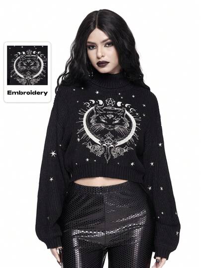 Goth pull à encolure montante, noir gothique foncé, avec broderie de chat mystérieux