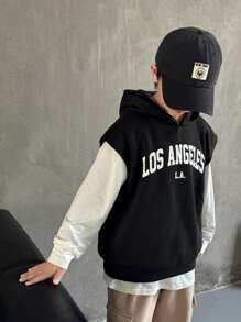 3 件套青少年男孩休闲韩版字母和图形印花连帽衫、无袖背心和宽松运动裤套装，适合学校、花园、海滩、生日、春季、夏季、秋季、冬季 - 彩色 - 查看 3