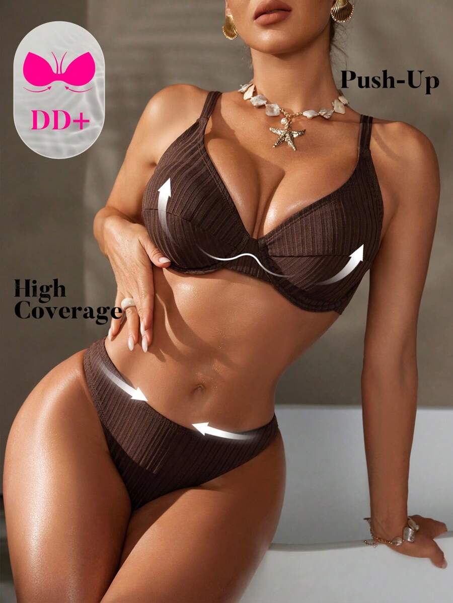 Swim DD+ 1 套女士休闲夏季比基尼套装，上衣采用特殊面料，厚肩带，软杯，拼接设计和常规三角形底部 - 咖啡棕 - 查看 1