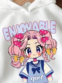 SHEIN Cute Cartoon Girl, Young Girls Casual Daily Comfortable Thick Knit Long Sleeve Hooded Sweatshirt, Suitable For Autumn/Winter - White - View 3