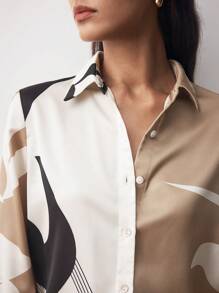 BizChic Floral Asymmetrical Geometric Print Long Sleeve Satin Blouse, Women Office Wear Clothes For Spring & Summer