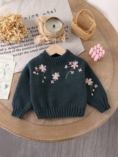 SHEIN Genkimix Kids Baby Girl Winter Clothing, Vintage Floral Embroidery Knit Sweater, Cute Green Flower Round Neck Knit Pullover, Warm Comfortable Versatile