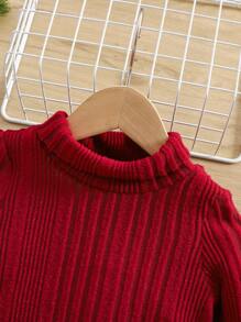 SHEIN Leap Crew 2pcs/Set Baby Girl Solid Color Knitted Turtleneck Top & Red & White Plaid Mini Skirt, Autumn/Winter