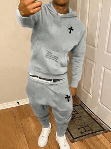 SHEIN Tween Boys Cross & English Print Hooded Sweatshirt, Casual Outfit Suitable For Spring And Autumn - Grey - View 5