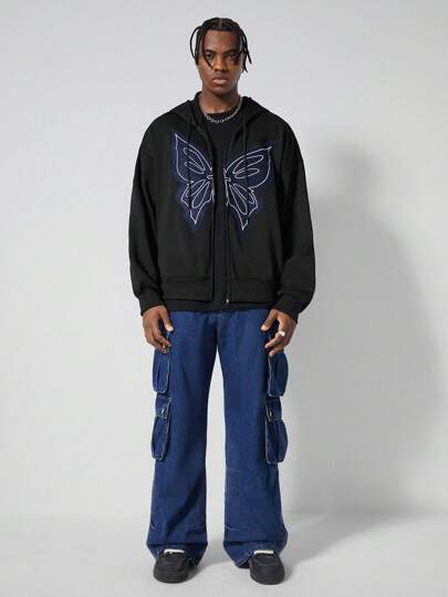 Street Life sweat-shirt à capuche décontracté homme avec broderie de papillon et cordon de serrage pour l'automne/l'hiver