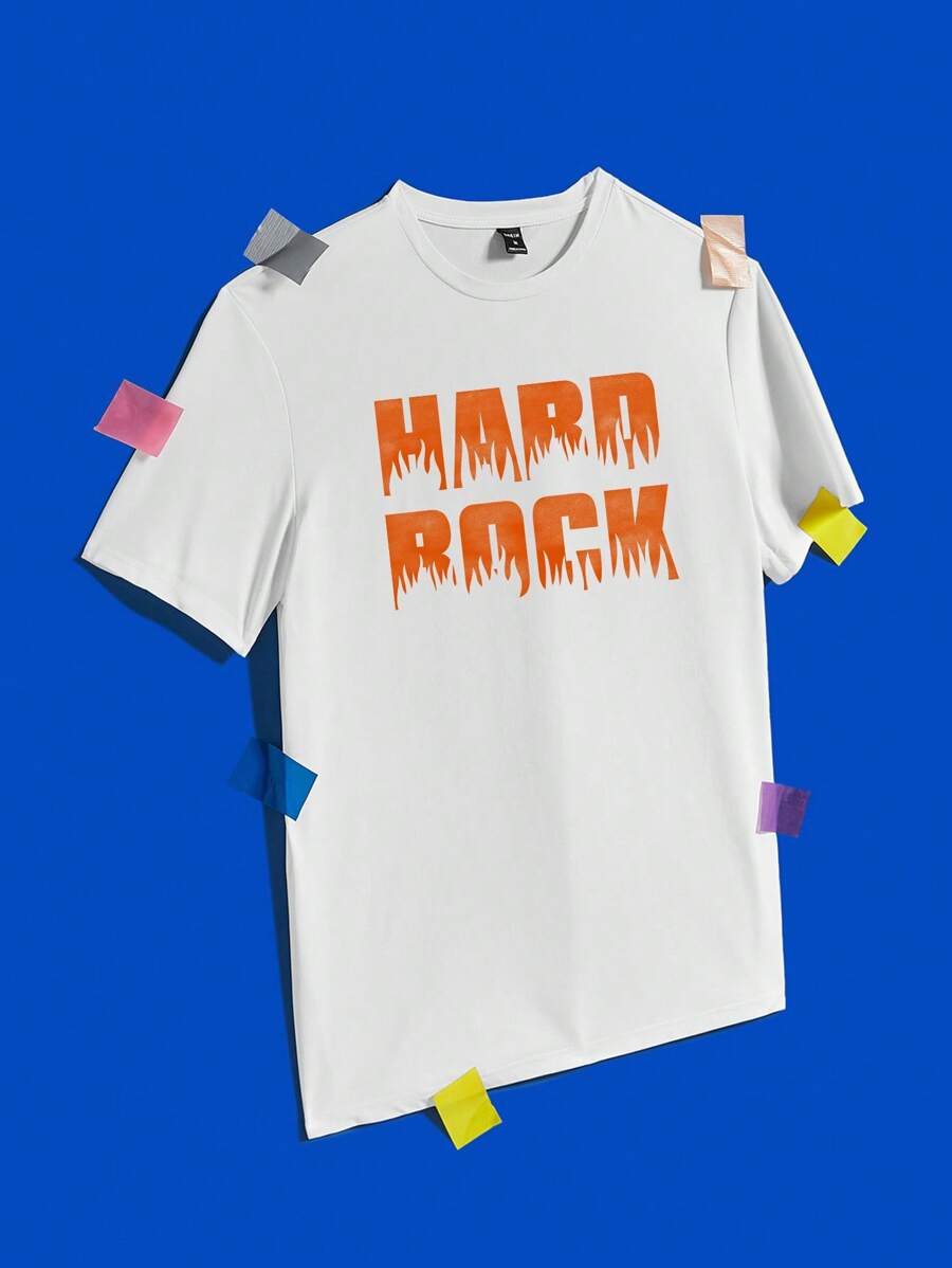 GOLDENLINE Phông chữ nghệ sĩ Flame "HARD ROCK" Slogan Áo phông trắng mặc thường ngày trên phố dành cho nam, ngày lễ, năm mới, lễ tạ ơn, lễ hội - trắng - Xem 1