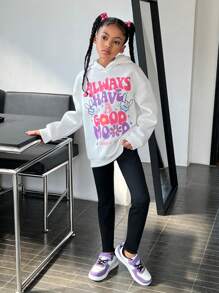 SHEIN Explorewe Tween Girls Street Style Two-Piece Set, Letter Print Hooded Sweatshirt And Leggings, Perfect For School And Outdoor Wear In Spring And Fall - White - View 4