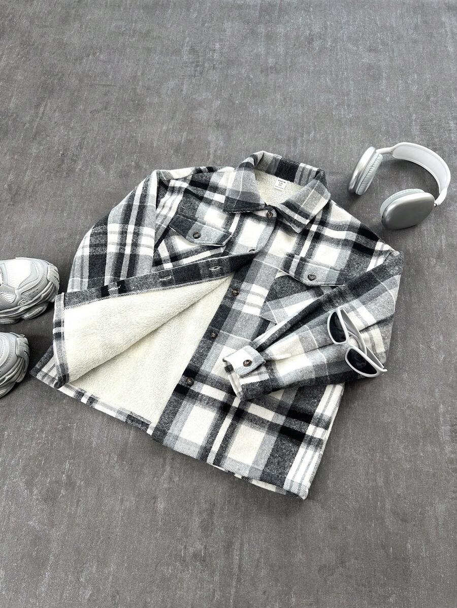 SHEIN Tween Girls Loose Casual Plaid Fuzzy Collar Cardigan Jacket - Black - View 1