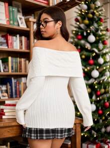 SHEIN EZwear Suéter blanco de hombros descubiertos de talla grande, otoño/invierno