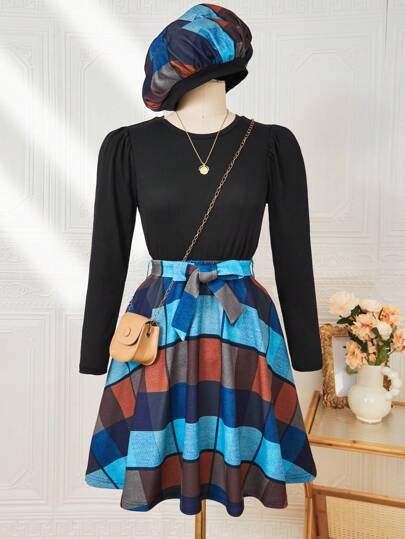 SHEIN 2pcs College Style Ribbed Knit Top & Plaid Mini Skirt Set For Girls