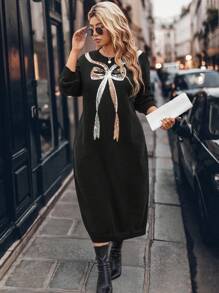 SHEIN LUNE Plus Size Women Jednolity Kolor Dzianinowy Kokarda Perły Haft Długi Rękaw Sweter Sukienka Casual/Święto, Jesień/Zima