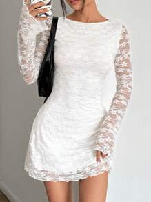 SHEIN EZwear 女士白色蕾丝喇叭袖迷你连衣裙 - 白色 - 查看 6