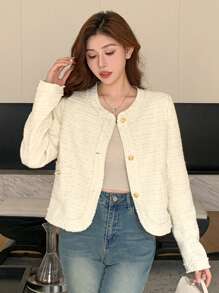 DAZY 纯色圆领流苏边女式休闲夹克，秋季服装 - 白色 - 查看 8