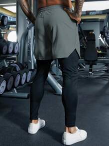 Manfinity Sport Streetwear Pantalones deportivos con cintura ajustable y estampado de letras para hombre, de 2 en 1