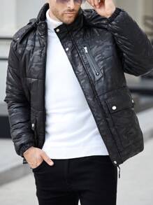Manfinity Homme Chaqueta con cremallera y capucha con estampado de camuflaje texturizado en negro para hombre, con bolsillos con cordón, para otoño/invierno, ropa de hombre de otoño e invierno, abrigo de camuflaje