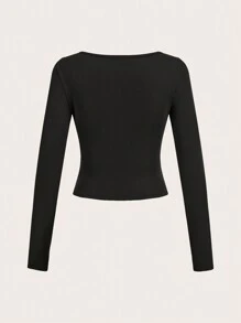 SHEIN EZwear 1pc Women's Casual Minimalist Round Neck Black Base Tight Fit Thermal Lined Long Sleeve T-Shirt, Suitable For Autumn And Winter