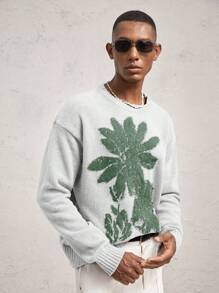 AKNOTIC Business Casual Men Loose Fit Dropped Shoulder Crew Neck Pullover Sweater, Casual Floral Intarsia Knitted Long Sleeve, Soft Fuzzy Fleece, Suitable For Autumn/Winter, Gray Color Blocking