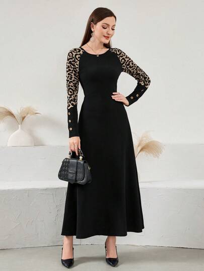 Mulvari 优雅豹纹拼布插肩袖端庄长袖阿拉伯连衣裙，秋季