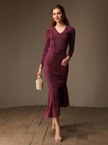 MOTF PREMIUM GLITTER V-NECK STEREO FLOWER DETAIL MERMAID HEM BUCKLE BELTED LONG DRESS, WOMEN OUTFIT - Hot Pink - View 6