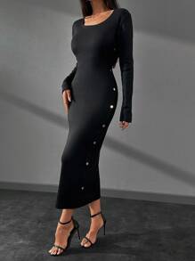 EURMUSE 女士纯色圆领长袖侧扣设计长款修身优雅连衣裙