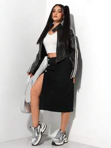 SHEIN PETITE Women's Single-Breasted Midi Length Casual Versatile Denim A-Line Skirt