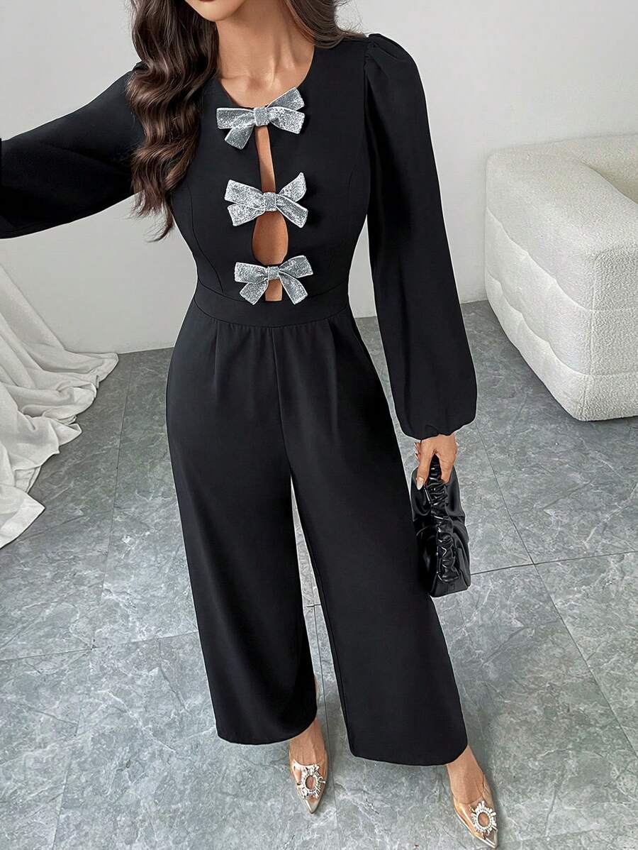 Firerie Eleganter Jumpsuit für Damen mit Rundhalsausschnitt, Ballonärmeln und Knopfverschluss, für Frühling & Sommer