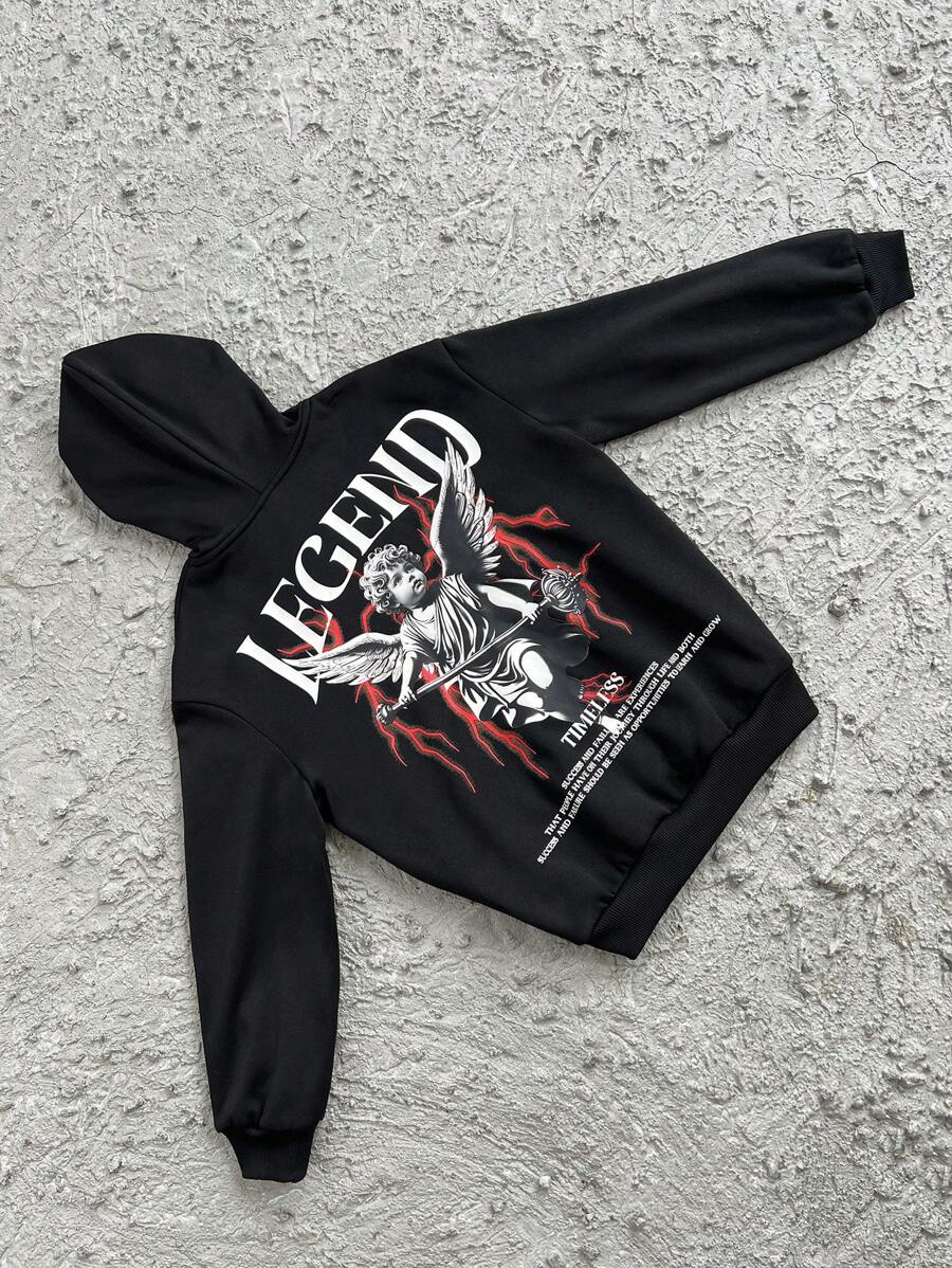 SHEIN Tween Boy Loose Casual Sweatshirt With Graphic Pattern - Black - View 1