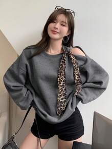 DAZY 1 件女式全印花豹纹系带拼接宽松休闲运动衫 - 灰色 - 查看 12