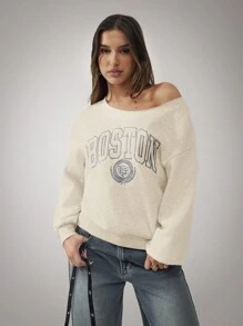 SHEIN BAE 女士休闲/时尚不对称露肩舒适运动衫面料，字母刺绣套头运动衫，适合秋季 - 杏色 - 查看 4