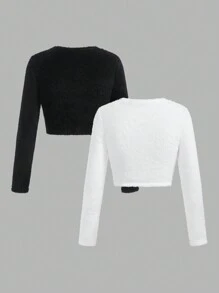 SHEIN EZwear Women's Autumn Minimalist Round Neck Long Sleeve Fuzzy T-Shirt - Multicolor - View 2