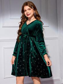 SHEIN Vestido de terciopelo con efecto de brillo en la cintura para niñas preadolescentes, elegante vestido de fiesta reflectante, adecuado para primavera, otoño y invierno/Navidad