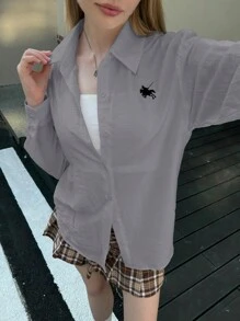 INAWLY 女士休闲刺绣纽扣前长袖衬衫，秋季 - 灰色 - 查看 6