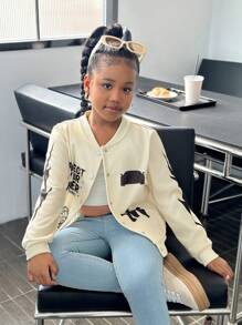 Tween Girls American Baseball Bomber Jacket, Warm Printed Punk Outerwear For Spring Autumn Winter - Apricot - View 4