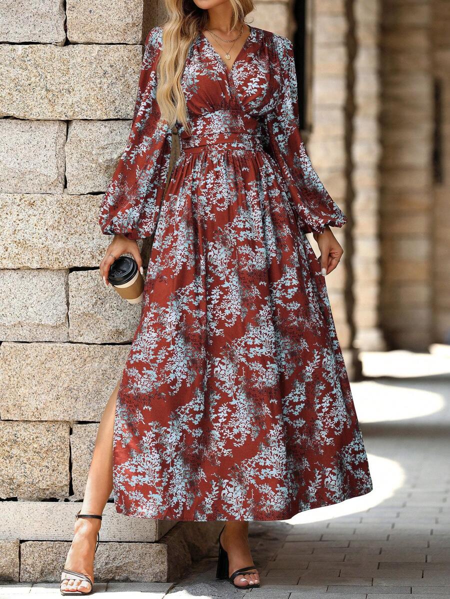 SHEIN Clasi Women's Overlapped Ruched Waist Sexy Long Dress - Burgundy - View 1