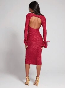 COSMINA Women Solid Color V-Neck Bow Decor Elegant Long Sleeve Dress - Red - View 2