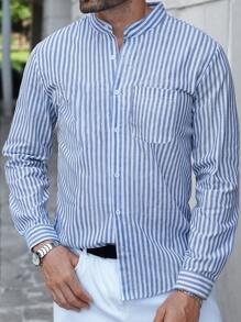 Manfinity Homme 1 pieza Camisa de algodón de corte slim con cuello mao y rayas, de manga larga, para otoño - Azul y blanco - Ver 4