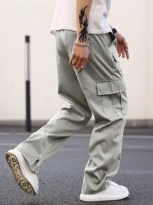 Manfinity Hypemode Men Solid Flap Pocket Drawstring Waist Cargo Pants - Light Grey - View 2