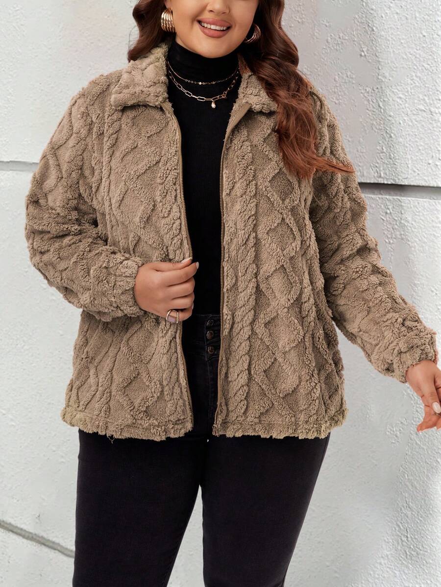 EMERY ROSE Plus Size Fuzzy Women's Winter Women Coat Teddy Coat Solid Color Fleece Turndown Collar Long Sleeve Fall Women Jackets Short Jacket, Autumn/Winter - Brown - View 1