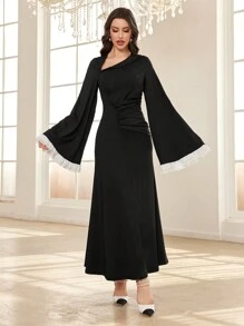 Modelyn 女士不对称领口拼色喇叭袖腰部荷叶边超长优雅连衣裙长款女士装长款晚礼服 - 黑色 - 查看 7