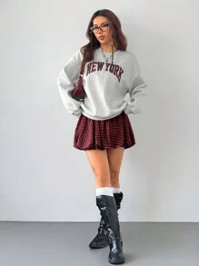 SHEIN EZwear 女孩 Y2K 学院风音乐节红色格子迷你泡泡裙