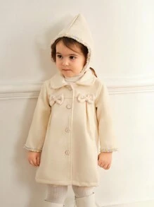 SHEIN Baby Girl Apricot Color Sleeve Trim Front Button Cute Sweet Warm Winter Jacket With Hood, New Arrival For Autumn/Winter - Apricot - View 1