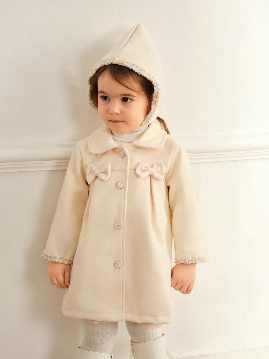 SHEIN Baby Girl Apricot Color Sleeve Trim Front Button Cute Sweet Warm Winter Jacket With Hood, New Arrival For Autumn/Winter - Apricot - View 1