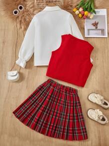 SHEIN 2 件套青少年女孩休闲针织背心衬衫和迷你裙套装 - 紅色 - 查看 2