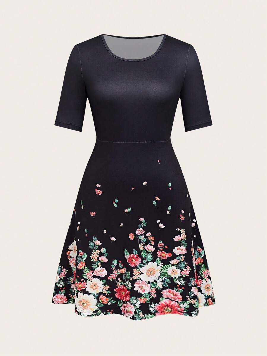 EMERY ROSE Women's Floral Print Round Neck Short Sleeve Mid-Length Elegant Dress - Multicolor - View 1