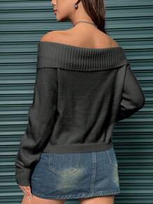 SHEIN Unity 女士纯色翻边露肩罗纹针织套头衫秋冬款 - 黑色 - 查看 2