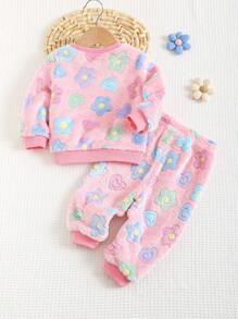 Cozy Pixies 2pcs/Set Baby Girl Colorful Floral Print Thick Warm Crew Neck Long Sleeve Sweatshirt And Jogger Pants Set